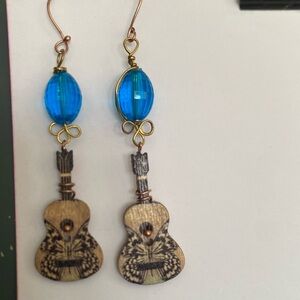 COPY - Lucite bead available in blue and bright orange. wooden Guitar earrings.